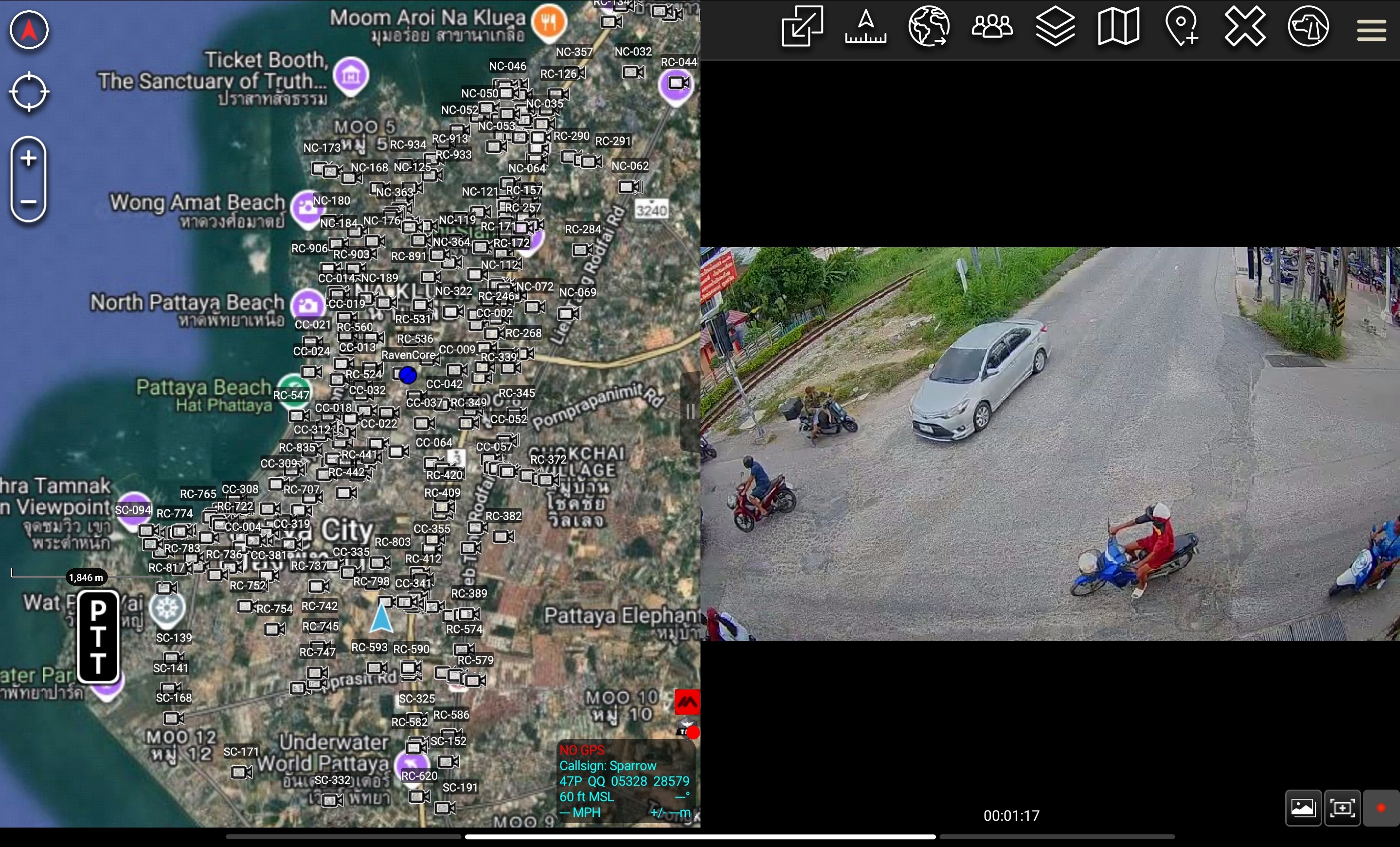 ATAK screen showing split view of tactical map and live video feed